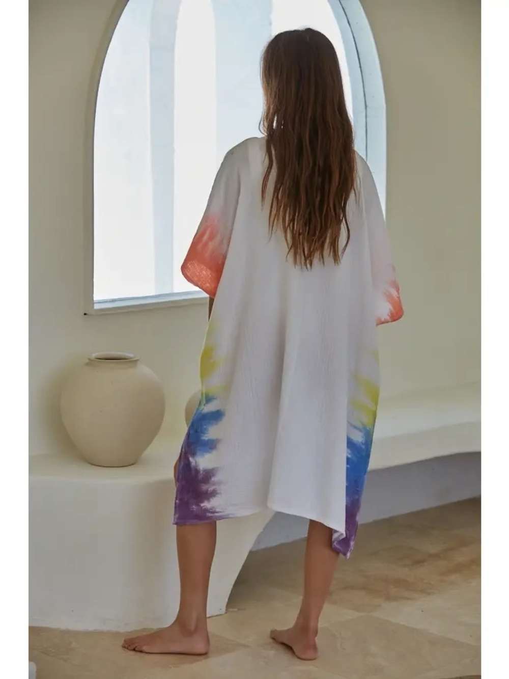 NWT White Tie-Dye Kaftan Cover-Up with Rainbow Accents